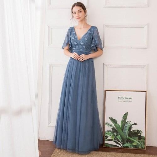 Appliques Deep V-Neck Evening Dress Short Sleeves Fashion New A-Line Zipper Back Floor-Length Plus Size Women Formal Gowns D980