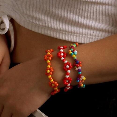 Boho Rainbow Color Beads Flower Bracelets For Women Colorful Seed Bead Charm Bracelet For Women Beach Party Gift