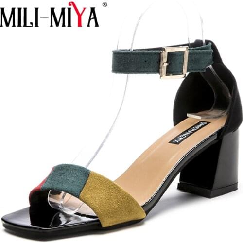 MILI-MIYA Concise Women Sandals Flock Mixed Colors Buckle Strap Cover Heels Square Toe Ankle Wrap Square Heels Dress Shoes
