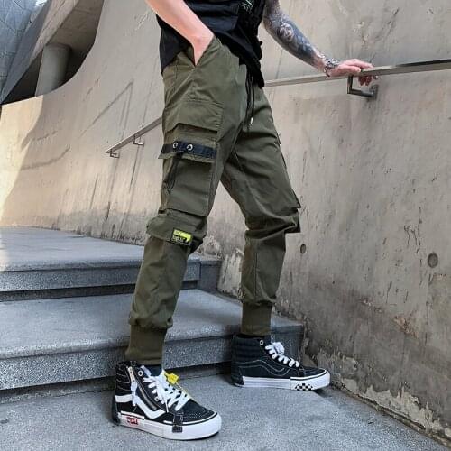 Army green Cargo jogger pants men Many pockets Elastic waist Fashion High street wear