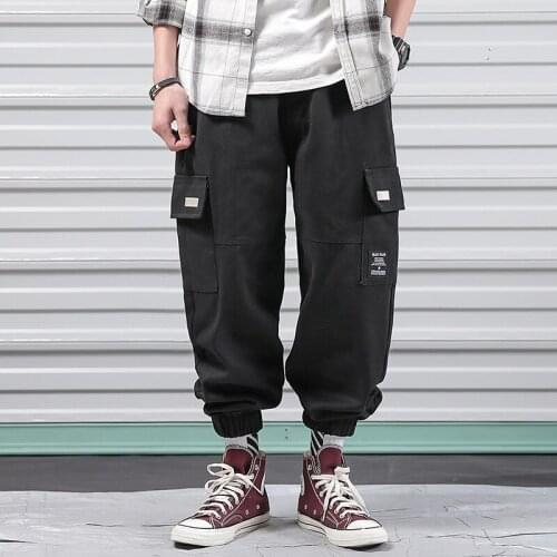 Men Multi-pocket Elastic Waist Design Harem Pants Casual Trousers Joggers Male Cargo Pants Street Punk Loose Hip Hop Black 5XL