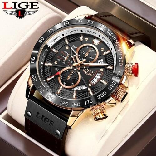 2021 LIGE Watches Mens Top Brand Luxury Clock Casual Leathe 24Hour Moon Phase Men Watch Sport Waterproof Quartz Chronograph+Box