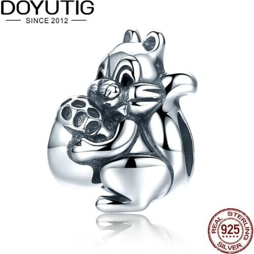 DOYUBO Cute Design 925 Sterling Silver Little Squirrel Beads Jewelry Lovely Vintage Animal DIY Charms Lady Fine Jewelry ADD029
