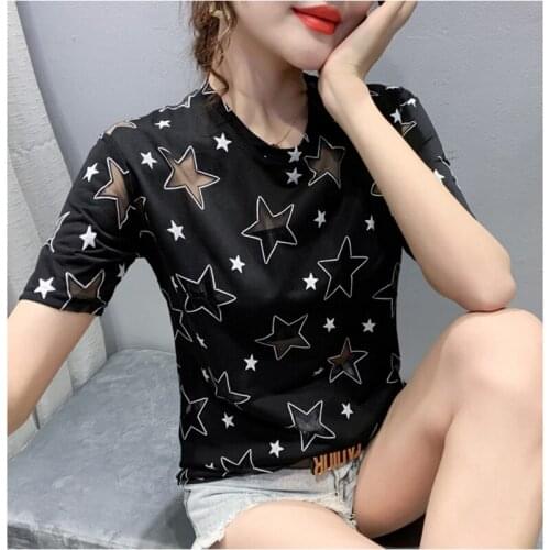 GGRIGHT Hollow Out T Shirt Women T-Shirt Camiseta Feminina T Shirts Women 2021 Summer Tops Tshirt Tee Shirt Femme Black Star
