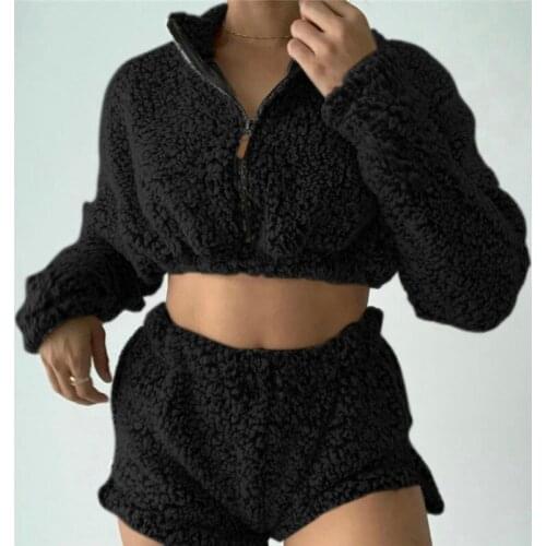 HIRIGIN 2Pcs Womens Set Warm Fur Outfits Solid Long Sleeve Sweatshirt High Collar Zip Up Crop Tops High Waist Shorts Pants