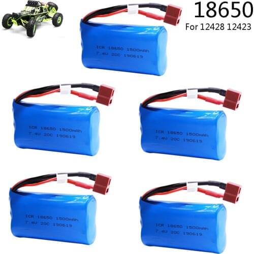 5PCS Lipo Battery for Wltoys 12428 12401 12402 12403 12404 12423 FY-03 FY01 FY02 rc toys battery parts 7.4V 1500mah 18650 T Plug