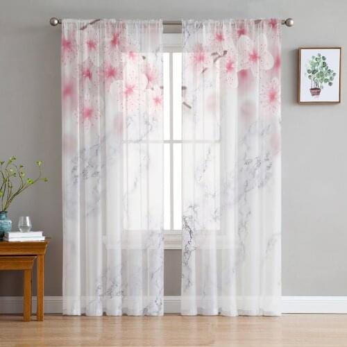 Marble Peach Pink Flower Sheer Curtains for Living Room Bedroom Kitchen Chiffon Tulle Curtains Home Hotel Coffee Decor