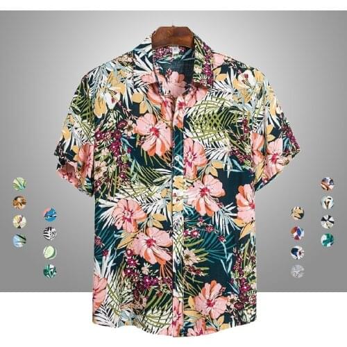 New Men Summer Hawaiian Aloha Shirt Male Linen Short Sleeve Shirt Summer Floral Loose Baggy Casual Holiday Shirts Tee Tops