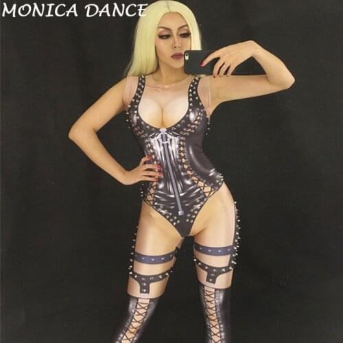 2 Colors Black Red Printed Sexy Stage Bodysuit Stage Outfit Female Singer Leggings Nightclub Nude Costume Dance Rivets Jumpsuits