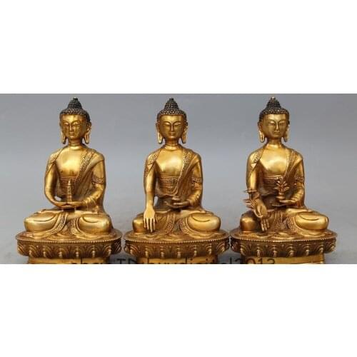 8"Tibet Buddhism Bronze Gild Three Saints of the West Buddha Kwan-Yin Statue
