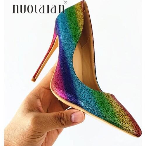 8/10/12CM Thin Heels Women High Heel Shoe Rainbow Printed Leather Ladies Pump Shoes Woman Shallow Party High Heels Womens Pumps