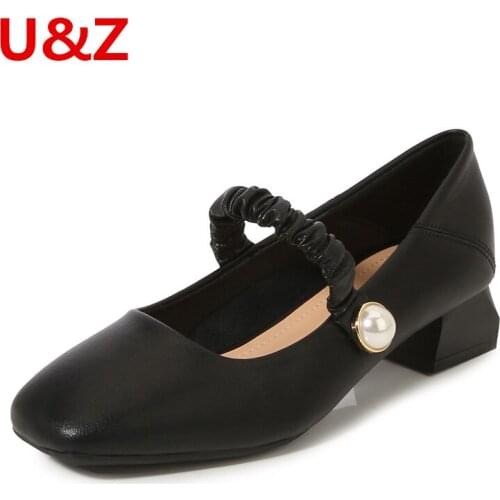 Black/Apricot Retro women shoes Square toe heels women,Office ladies shoes 4cm pumps Block low heels big pearls 2 ways for wear