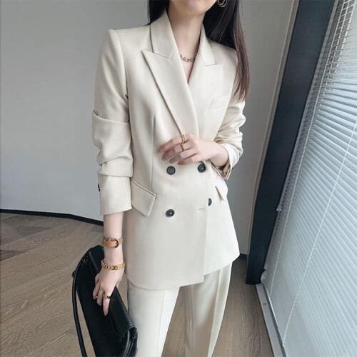 Women Pant Suits Autumn Spting Office Lady Casual Straight Korean Fashion Simple Coat Full Length 2 Pic Set All-match