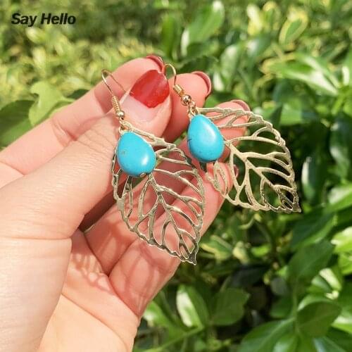 SAY HELLO Bohemian Turquoises Geometric Leaf Long Hanging Dangle Earrings Womens Ethnic Stone Hollow Drop Earrings Brinco B0107
