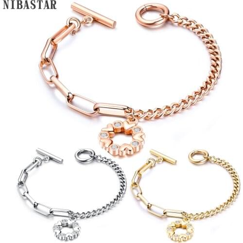 Flower Heart Charm Bracelets Bangles For Women Gold Color Stainless steel Bracelet Austrian Crystal Chain Pulseras