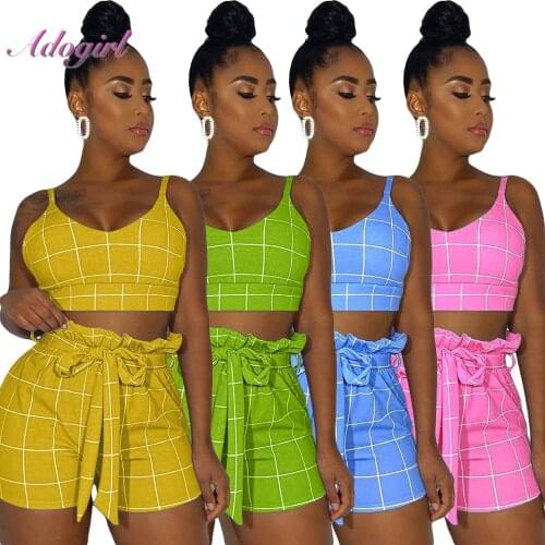 Women Summer Set Tracksuits Casual Plaid Print Sashes Strapless Crop Tops + Short Sexy Club Night Two Piece Set Female Jogging