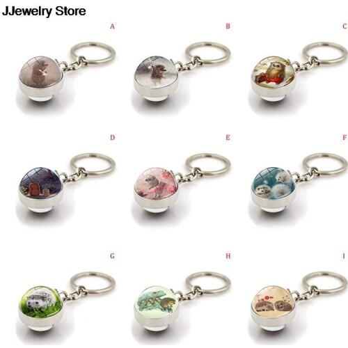 1pc Cute Hedgehog Keychain Pendant Cabochon Jewel Glass Ball Metal Keychain Animation Cartoon Keyring Jewelry