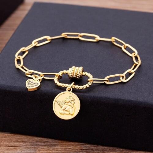 17 Styles New Fashion Love Heart Angel Charm Pendant Bracelets for Women Copper Gold Color Link Chain DIY Jewelry Gift Wholesale