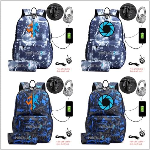 2 pcs/lot Portal Companion Cub canvas backpack with Pencil case School Bag usb charging shoulder bag Teenagers Laptop sport bags