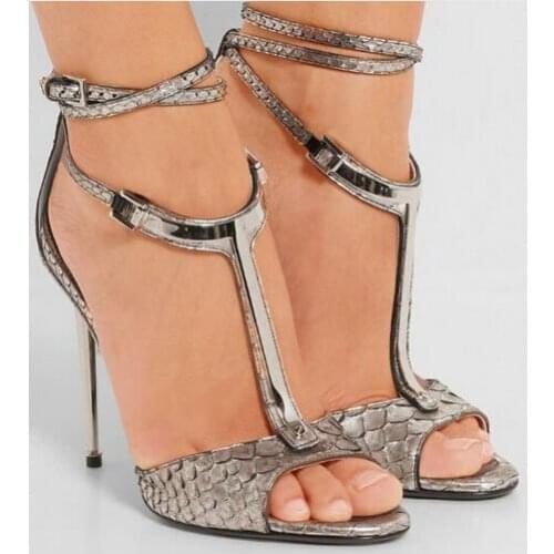 Stylish T-bar ankle buckle high heel sandals women open toe Crocodile leather metal heel sandal metal decoration thin heel pumps