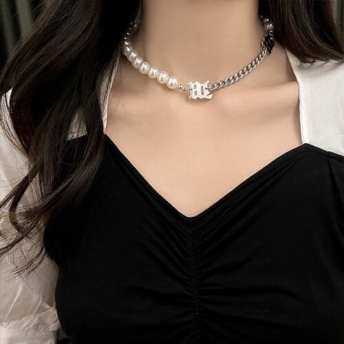 Fashion Metal Letter Pearl Choker necklace for women Collar punk Hip Hop Necklace Womens neck chain Pearl chain Necklace Collier
