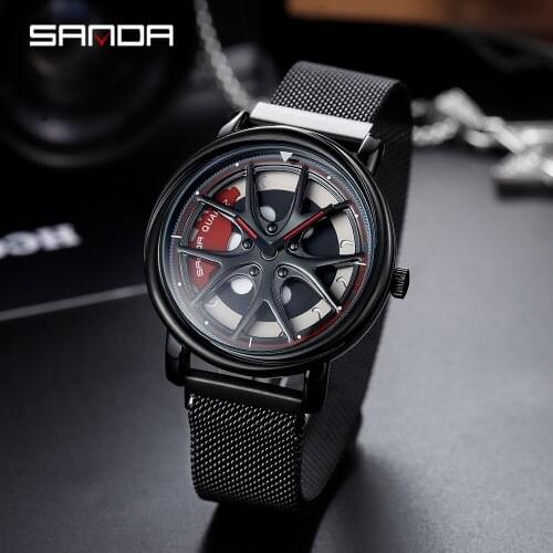 SANDA Men Watches Mesh Belt Waterproof Casual Rotating Rim Hub Wheel Wristwatch Car Date Clock Quartz Male Wrist watch Relogio