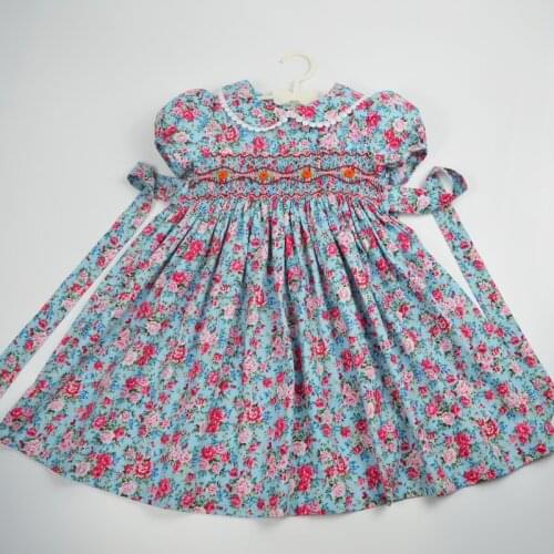 Kids floral smocked dresses for girls summer 2021 children toddler girl cotton vintage smock dress for party wedding 2-7 years