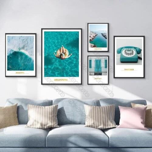 European Style Canvas Painting Poster and Print Green Sea Water and Gate Beach Telephone Golden Letters for Home Rooms Wall Deco