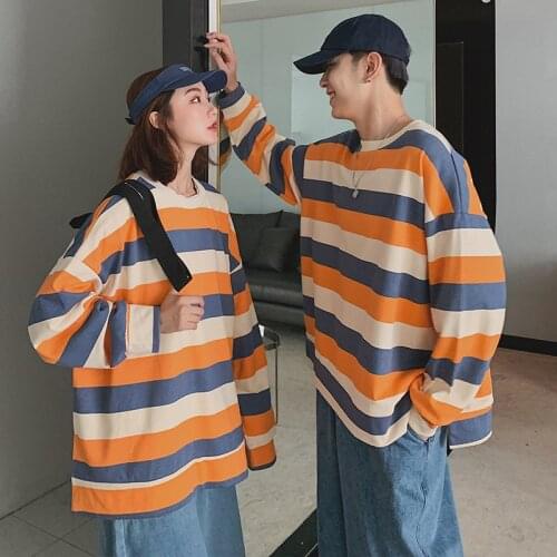 Harajuku Korean Version Autumn Striped Couples Funny t Shirts Pullover Long Sleeves Brief Kpop Clothes Oversized Hip Hop Men Top