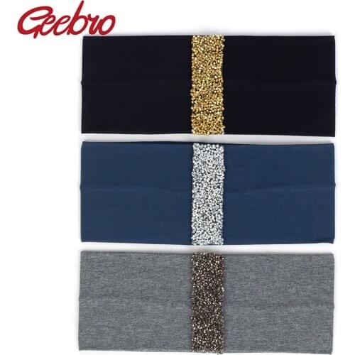 Geebro Fashion Women Cotton Stretchy Rhinestones Ribbon Headband Girls Accessories Female Bohemia Hairband Head Wrap For Ladies
