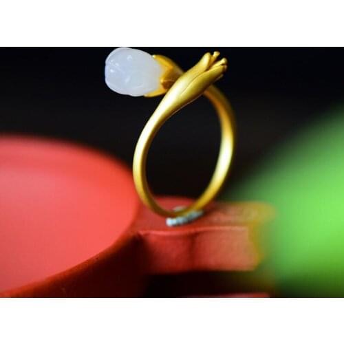 Natural Hetian Jade White Jade Magnolia Ring S925 Sterling Silver Golden Orchid Ring Vintage Chinese Style Jewelry