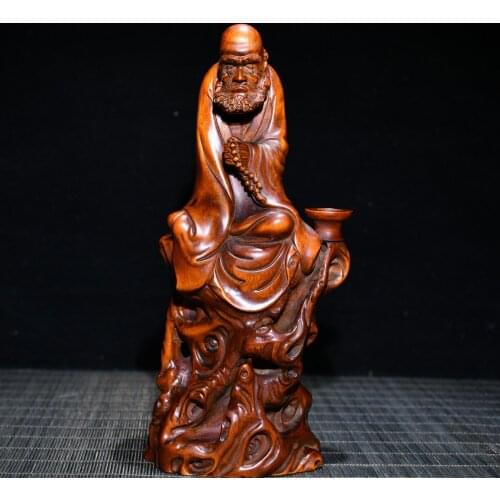 8"China Folk Collection Old Boxwood Bodhidharma Dharma statue Incense sticks Backflow incense Office Ornaments Town House