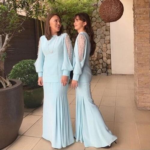 YiMinpwp Light Sky Blue Mermaid Bridesmaid Dresses Bateau Long Sleeve Floor Length Chiffon Beads Wedding Guest Party Gowns