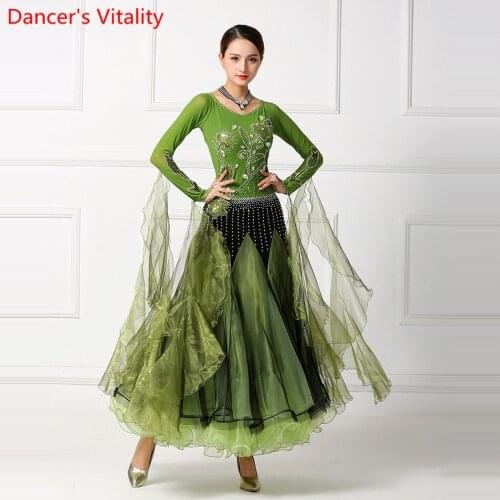 National Standard Dance Competition Outfits Women Slap-up Diamond Splicing Dress Ribbon Ballroom Waltz Modern Dancing Stage Wear
