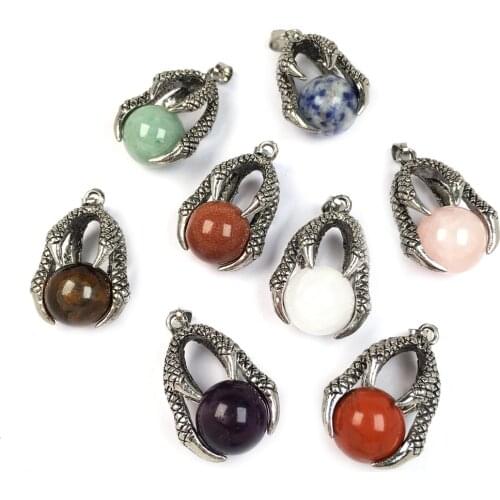 Natural Stones Pendant Creative Dragon Claw Hold Round Stone Beads Pendants for Jewelry Making DIY charm Necklaces Accessories