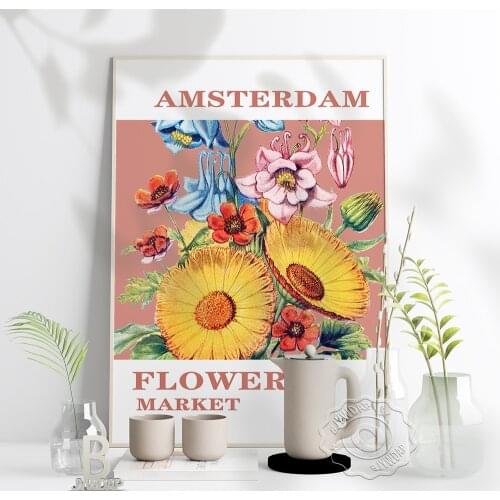 Amsterdam Flower Market Poster, Netherlands Vintage Flower Print Poster, Colored Drawing Floral Leaf Wall Flower Shop Home Decor
