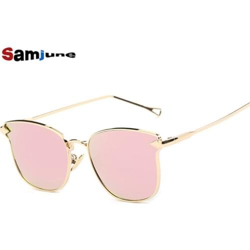 Samjune mirror Vintage Sun Glasses Female Retro Sexy Cats Eye Sunglasses Women Brand Designer Metal Frame Mirror Glasses UV400