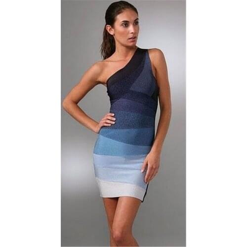 Sexy HL One Shoulder Sleeveless Blue Striped Mini Bodycon Bandage Dress Night Party Dress