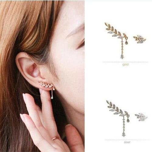 Charm Asymmetric Gold Leaf Crystal Ear Cuff Stud Clip Earrings