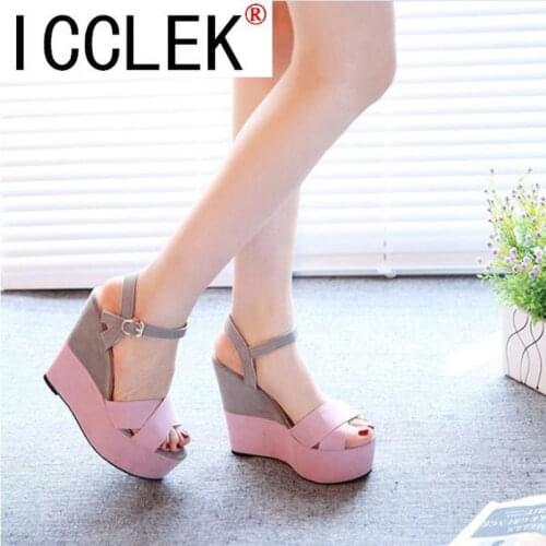 2021 Summer New Slope Heel Sandals High Heeled Shoes One Line Buckle Versatile Platform Fish Mouth Black Womens Shoes