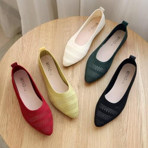 Womens 2020 soft sole hollow out shallow mouth casual breathable knitted flat bottom pea shoes