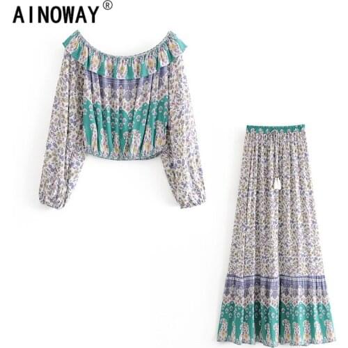 Vintage chic Women two piece outfits off shoulder long Sleeve tops Bohemian elestic waist skirts 2 pieces rayon cotton Boho sets