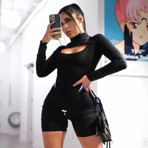 Letter Print Rompers Women Sexy Little Cleavage Playsuits Turtleneck Long Sleeve Skinny Overalls Hot 2021 Streetwear