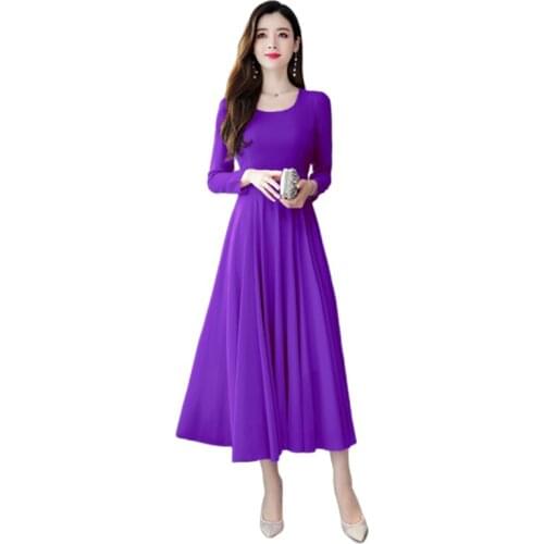 New summer chiffon dress women Slim fit Thin plus size Crew neck womens clothing High waist Long sleeve Big swing Long Dresses