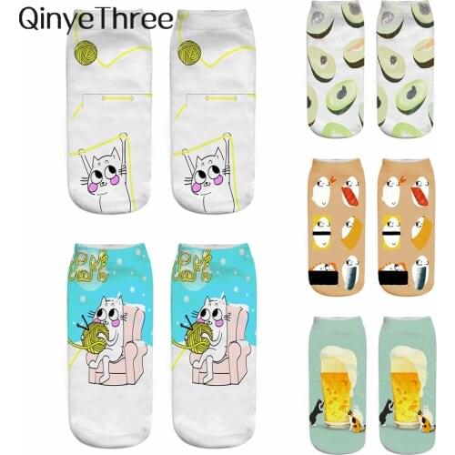 1 Pair Hot Selling 3D Printing Cute Illustration Cartoon Happy Cat Short Ankle Socks Kitten Colorful Life Dropship