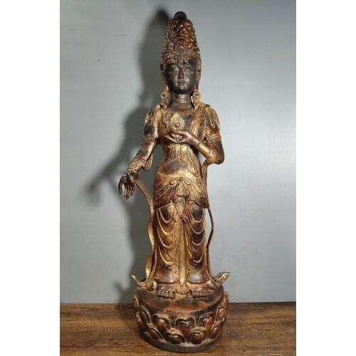 32"Tibet Buddhism Temple Old Bronze Cinnabars Guanyin of the South Sea Standing Buddha Bodhisattva Statue Lotus Terrace Enshrine