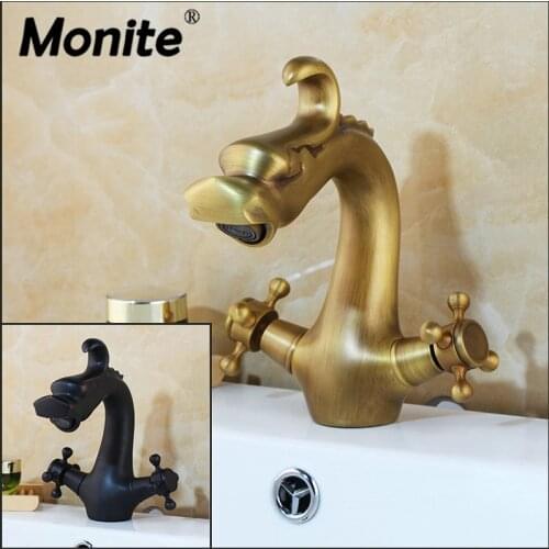 Monite Dragon Antique Brass Ceramic Tap Mixer Faucet Unique Design Oil Brass Bronze Kitchen Dual Handles Basin Sink Mixer Facuet