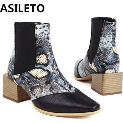 ASILETO 2021 Designer Ankle Boots Women Demin Pointed Toe Square Mid Heel Buckles Zipper Blue Brown Snake Big Size 48 S2450