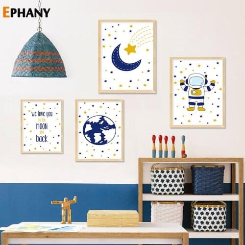 Astronaut Space Nursery Canvas Poster Cartoon Simple Child Wall Art Nordic Kid Baby Bedroom Decoration Print Painting Picture