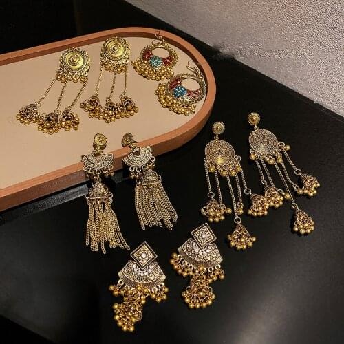 Exknl Big Crystal Long Vintage Earrings for Women Statement Geometric Bell Fan Shaped Tassel Ethnic Dangle Earrings Jewelry 2021